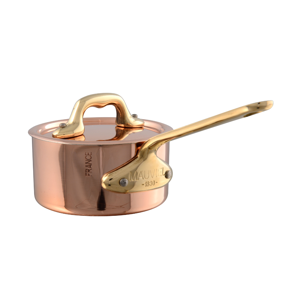 Mauviel M'Minis copper saucepan with lid and brass handle