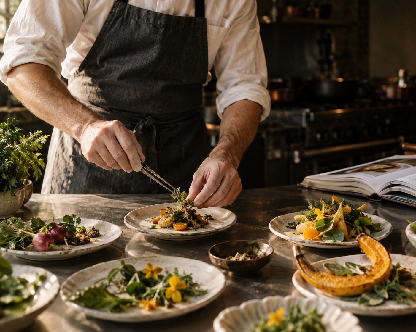 A cook carefully finishes seasonal vegetable plates in a warm kitchen